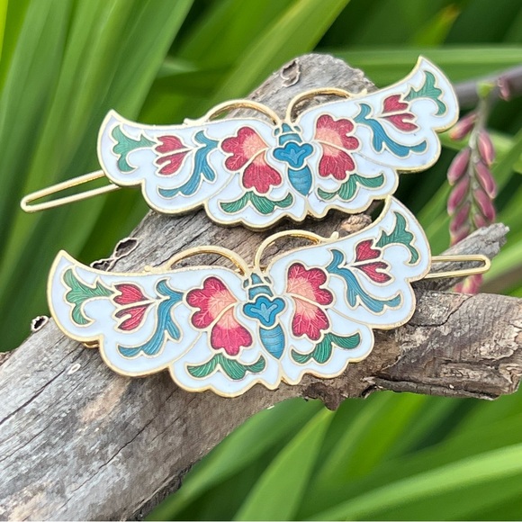 Vintage Cloisonné Enamel Butterfly Hair Barrettes – Set of 2